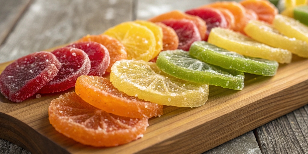 Homemade candied fruit recipe showing colorful glazed fruit slices, a simple step-by-step way to make sweet treats at home.