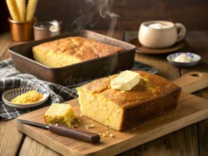 Golden egg-free cornbread cut into squares on wooden cutting board with butter nearby