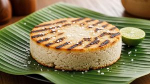 Traditional Jamaican bammy cassava flatbread showing dense texture with crispy grilled edges on banana leaf
