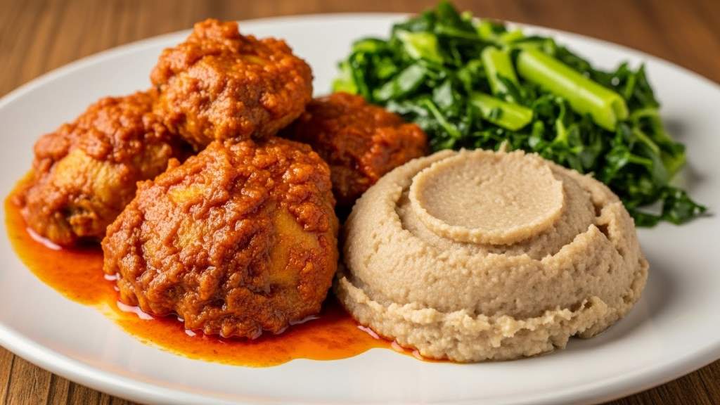 Plated muamba chicken served with traditional cassava funge and vegetables
