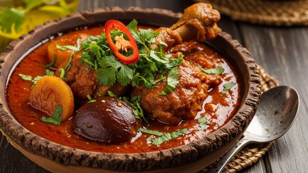 Vibrant bowl of slow-cooked Angolan muamba chicken stew topped with fresh herbs