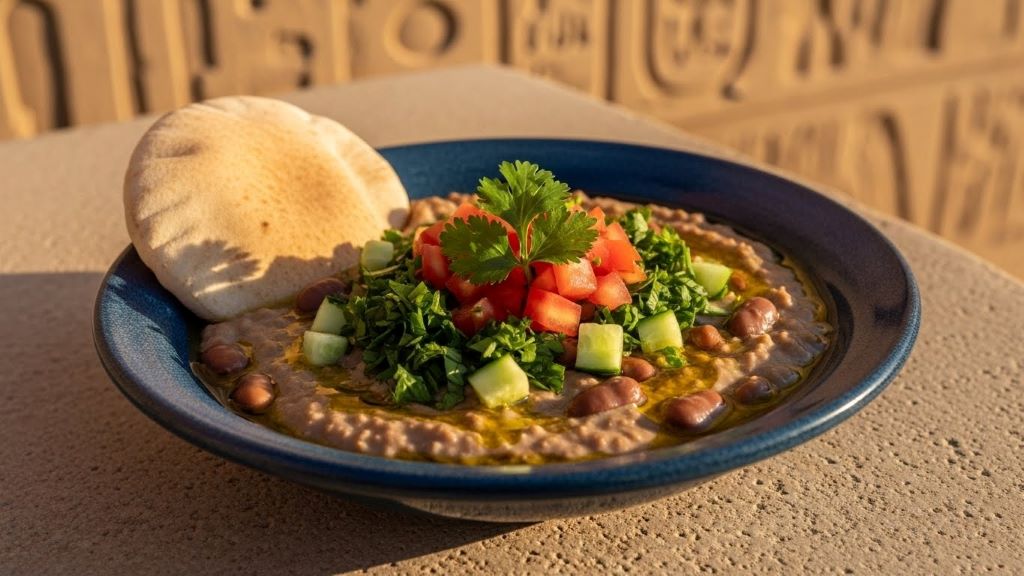 Traditional Egyptian ful medames served in a ceramic bowl with olive oil, garnished with fresh herbs and vegetables, representing ancient breakfast traditions