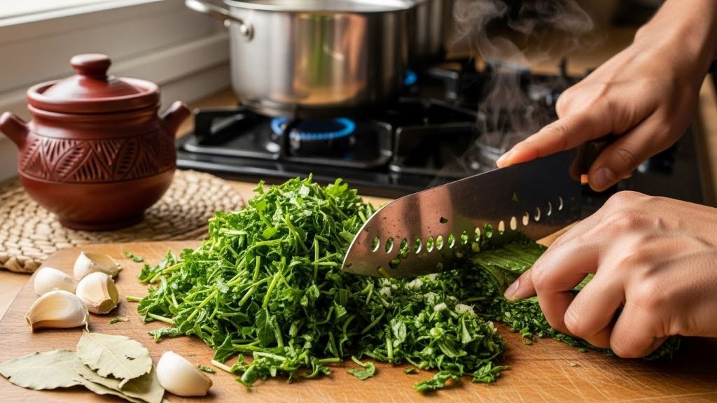Fresh molokhia leaves being prepared for traditional Egyptian green soup, showing the connection between pharaonic cuisine and modern cooking methods