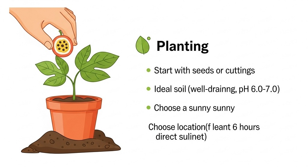 Passion fruit flowers and developing fruits on vine