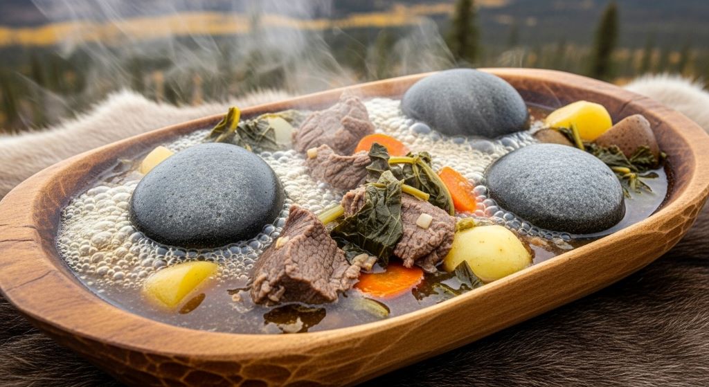 Traditional Yukon Territory caribou and wild vegetable stew cooking in wooden bowl using heated stone boiling technique