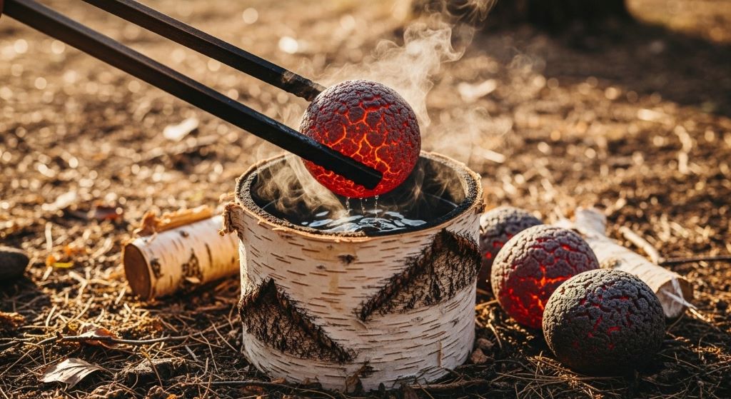 Hot river stones being transferred into birch bark container with wooden tongs for traditional stone boiling cooking method