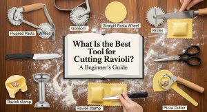Fluted pasta wheel creating crimped ravioli edges