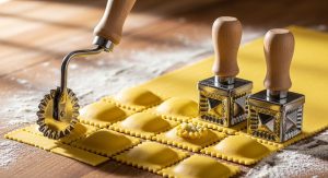 Fluted pasta wheel creating crimped ravioli edges