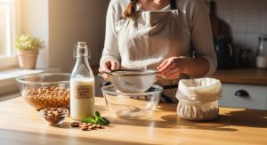 Homemade nut milk ingredients on a kitchen counter.