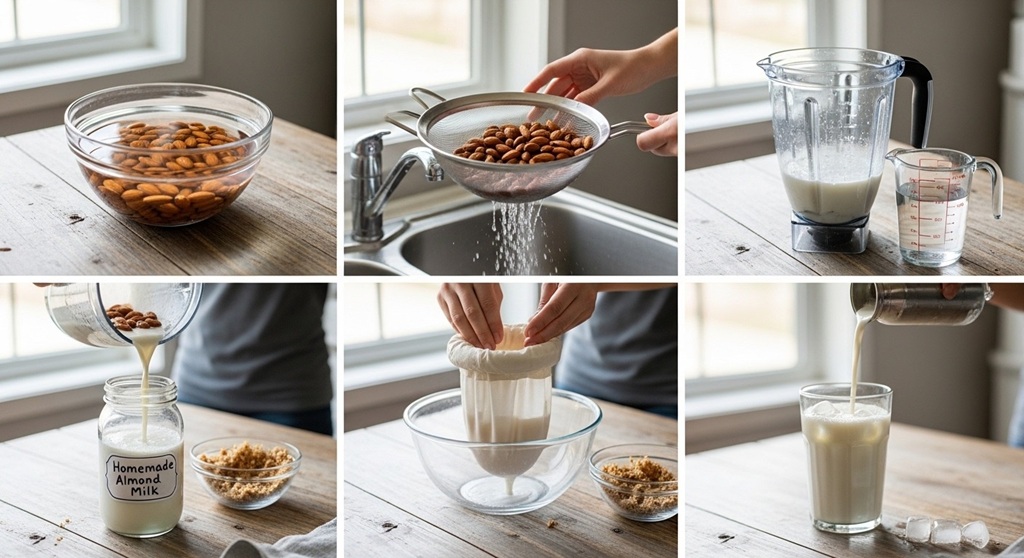 Straining homemade nut milk using a nut milk bag