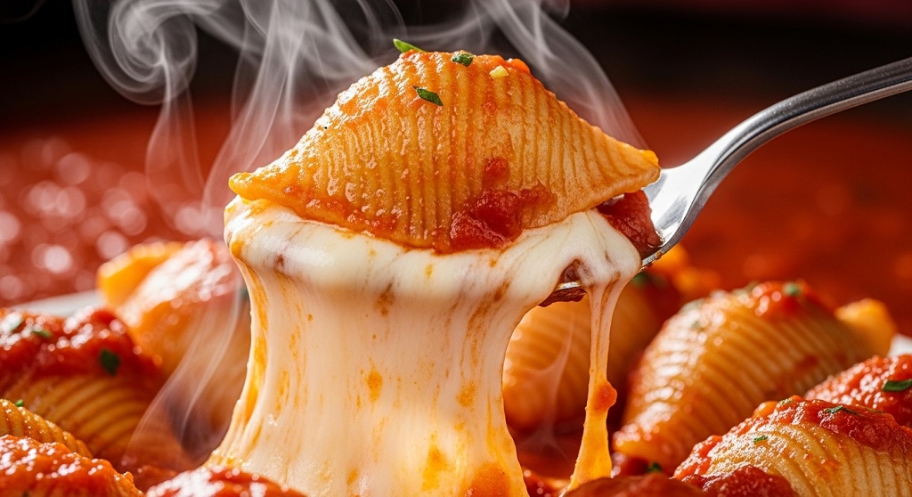 Close-up of a cheesy stuffed shell being served with melted mozzarella and tomato sauce.