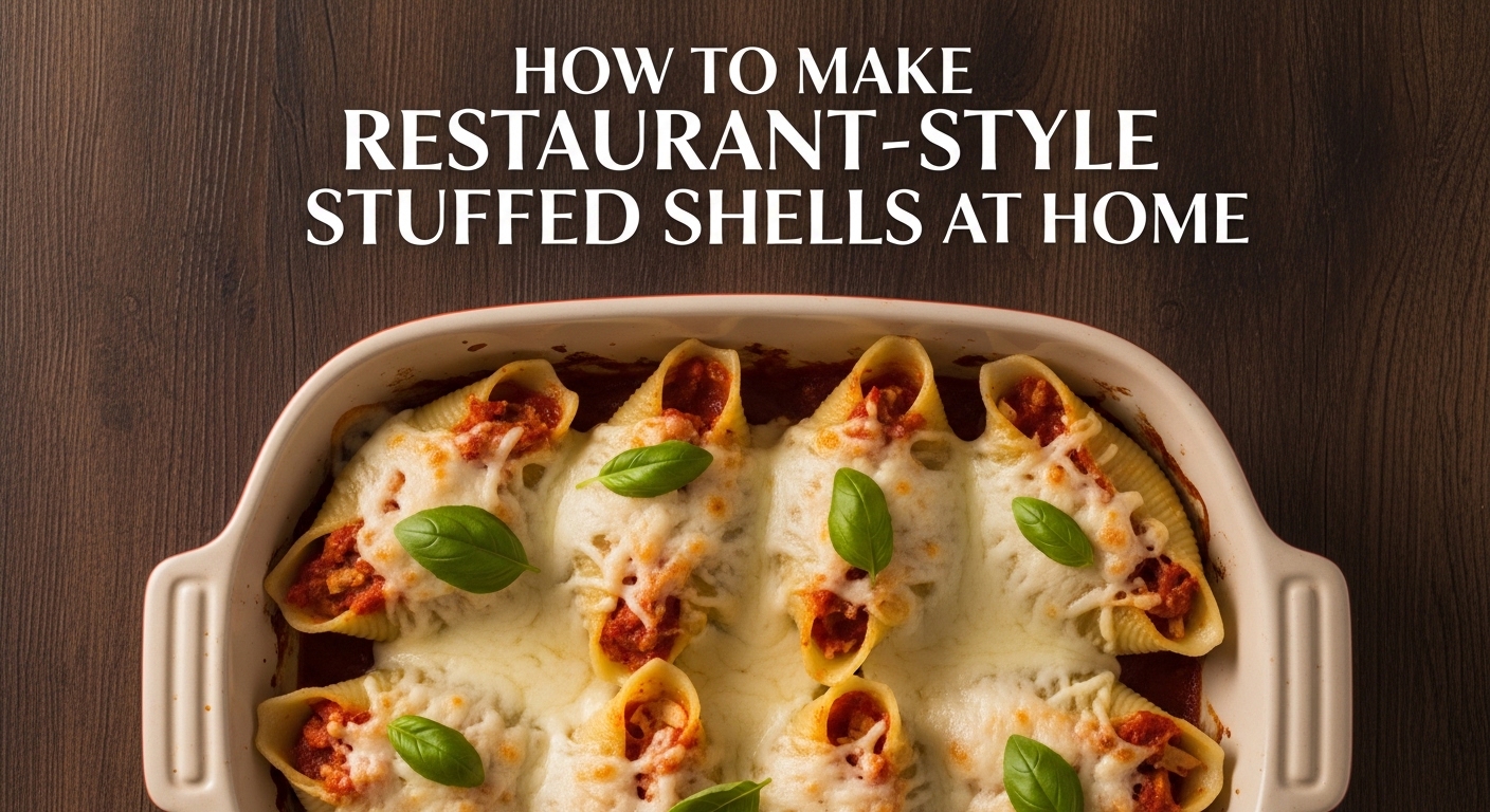 Overhead view of restaurant-style stuffed shells in a baking dish with title text overlay