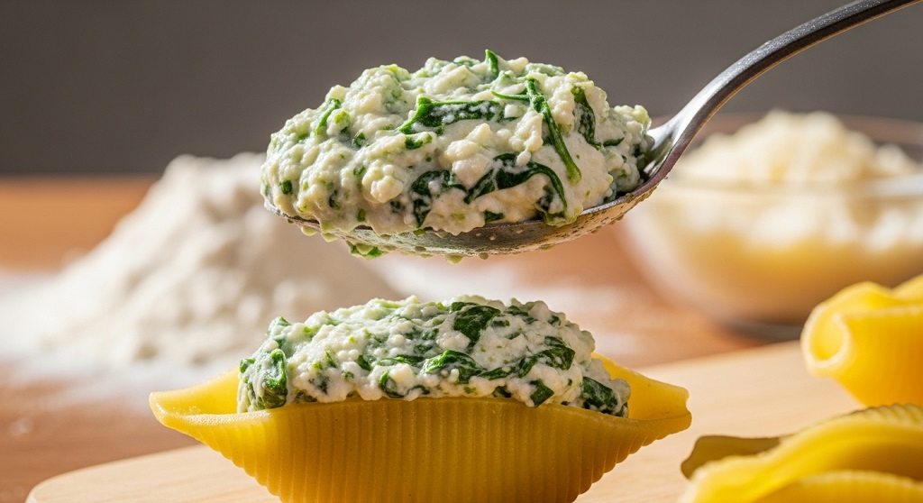 Step-by-step process of filling jumbo pasta shells with ricotta cheese and spinach mixture.
