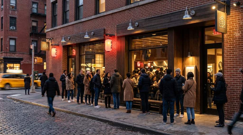 Colorful Japanese fusion dining experience in Manhattan featuring ramen burgers and yuzu cocktails