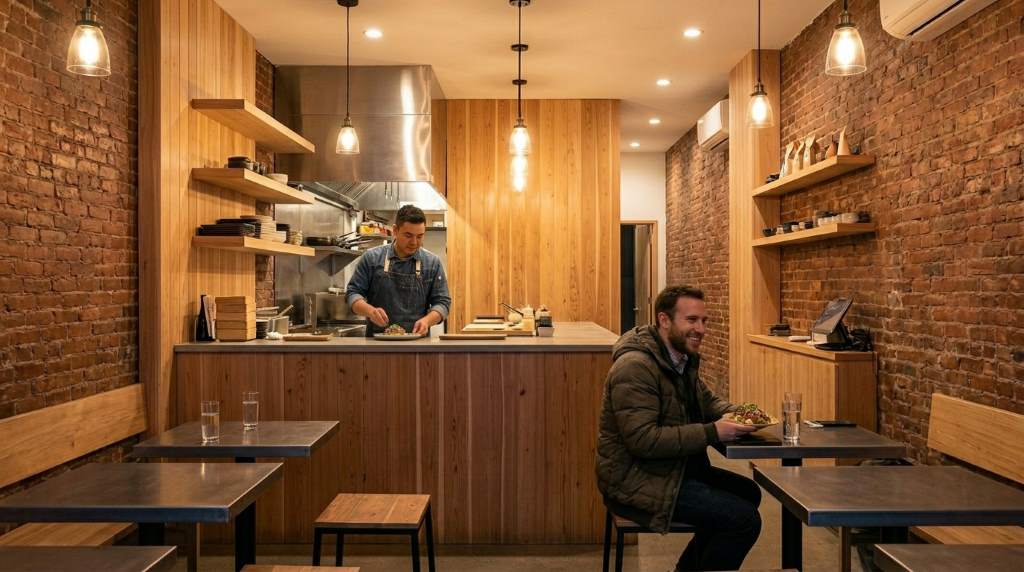 Modern Japanese fusion restaurant interior in New York City with sushi and ramen dishes on wooden tables