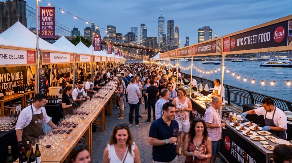 Rows of wine glasses and gourmet food stations set up along the East River waterfront at the NYC Wine and Food Festival 2026
