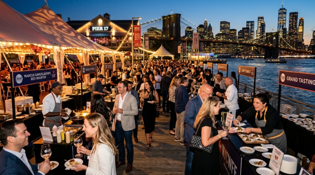 Celebrity chefs and food lovers gather at the Grand Tasting event during the NYC Wine and Food Festival 2026 at the Seaport waterfront in Lower Manhattan