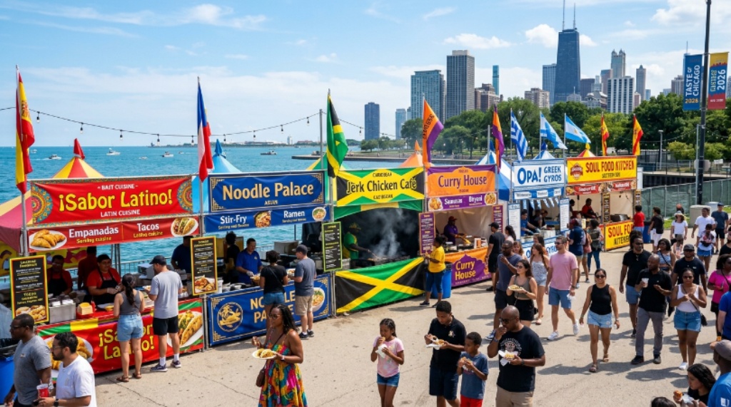 Colorful food vendor booths at Taste of Chicago 2026 featuring diverse cuisines along the lakefront