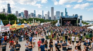 Crowds enjoying food and live music at Taste of Chicago festival in Grant Park with Chicago skyline in the background