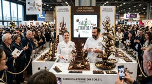 Chocolatiers presenting decorated chocolate creations at Salon du Chocolat 2026 in Paris