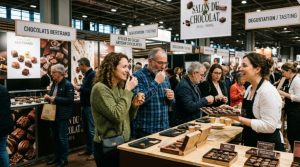 Visitors sampling artisan chocolates at tasting booths during Salon du Chocolat 2026