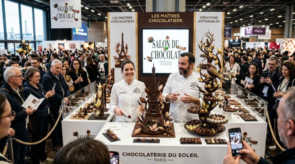 Chocolatiers presenting decorated chocolate creations at Salon du Chocolat 2026 in Paris