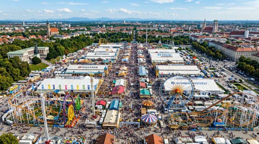 Aerial view of the Theresienwiese fairground in Munich during Oktoberfest with colorful tents and rides