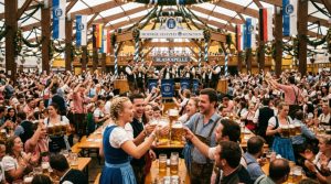 Crowds celebrating inside a traditional beer tent at Oktoberfest Munich with large steins and live band