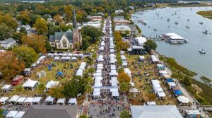 Aerial view of Historic Downtown Bluffton during Arts and Seafood Festival 2026
