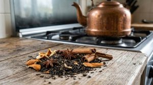 Whole cinnamon ginger and cardamom beside loose leaf tea