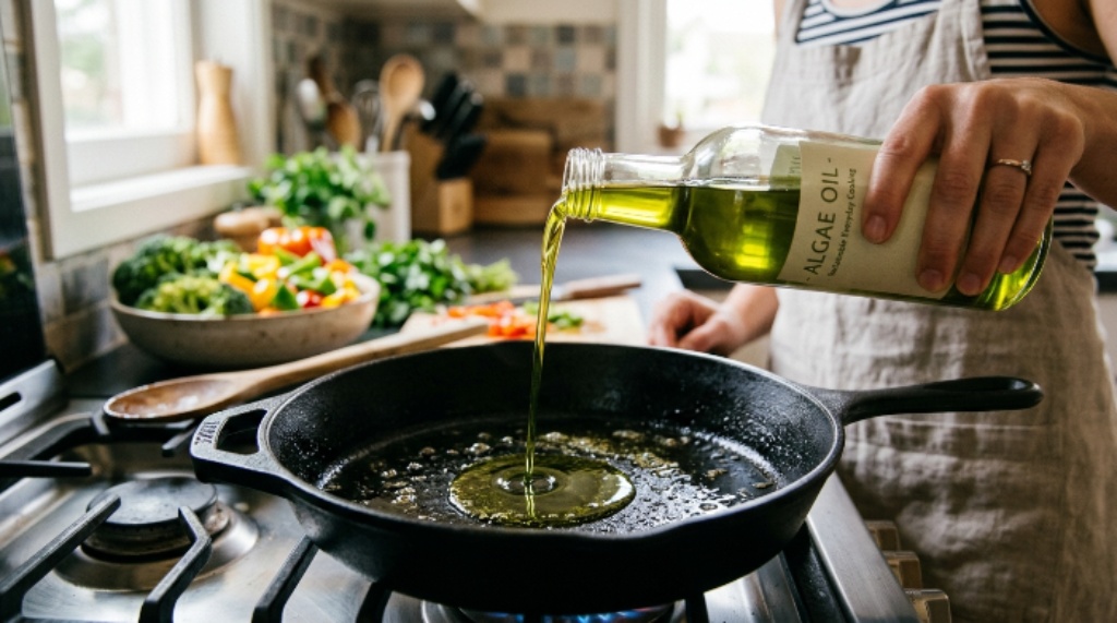 Close-up of algae cooking oil poured into a frying pan for sustainable everyday cooking