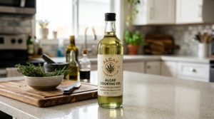 Bottle of algae cooking oil from the Algae Cooking Club displayed on a kitchen countertop
