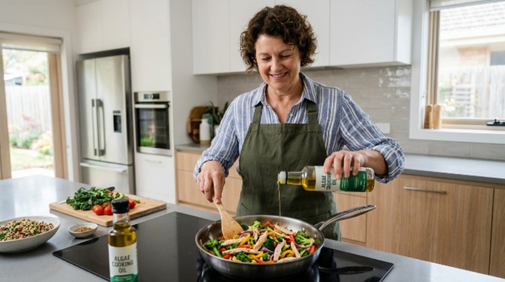 Home cook using algae cooking oil to prepare a healthy meal in a modern kitchen