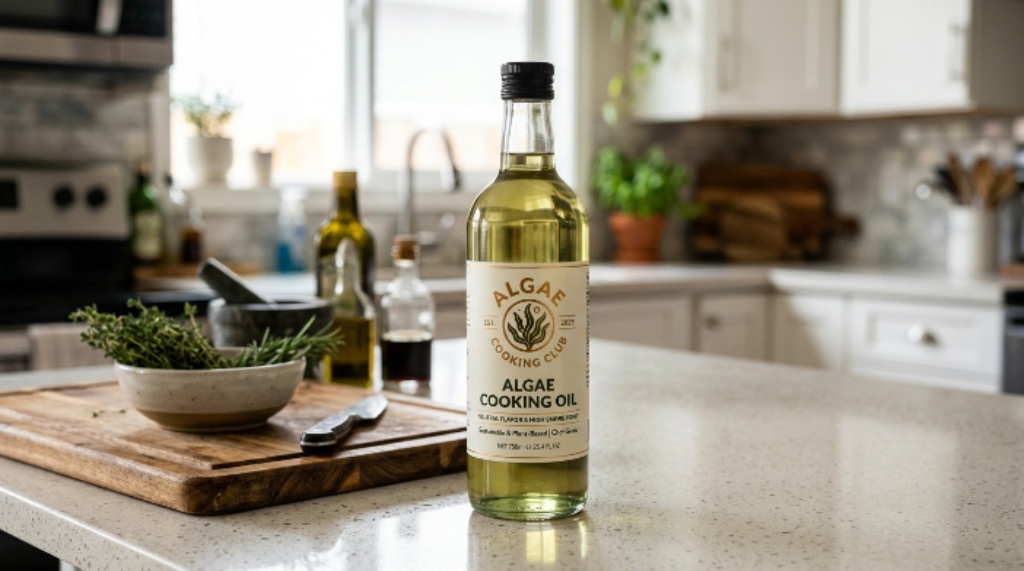Bottle of algae cooking oil from the Algae Cooking Club displayed on a kitchen countertop