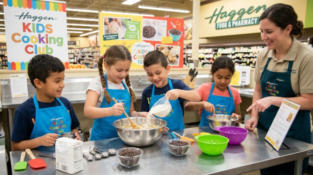 Kids mixing ingredients and cooking together as part of the Haggen Kids Cooking Club program