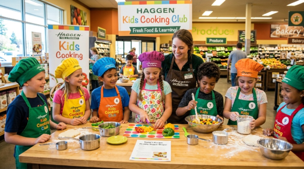 Young participants learning basic cooking skills in a Haggen Kids Cooking Club session