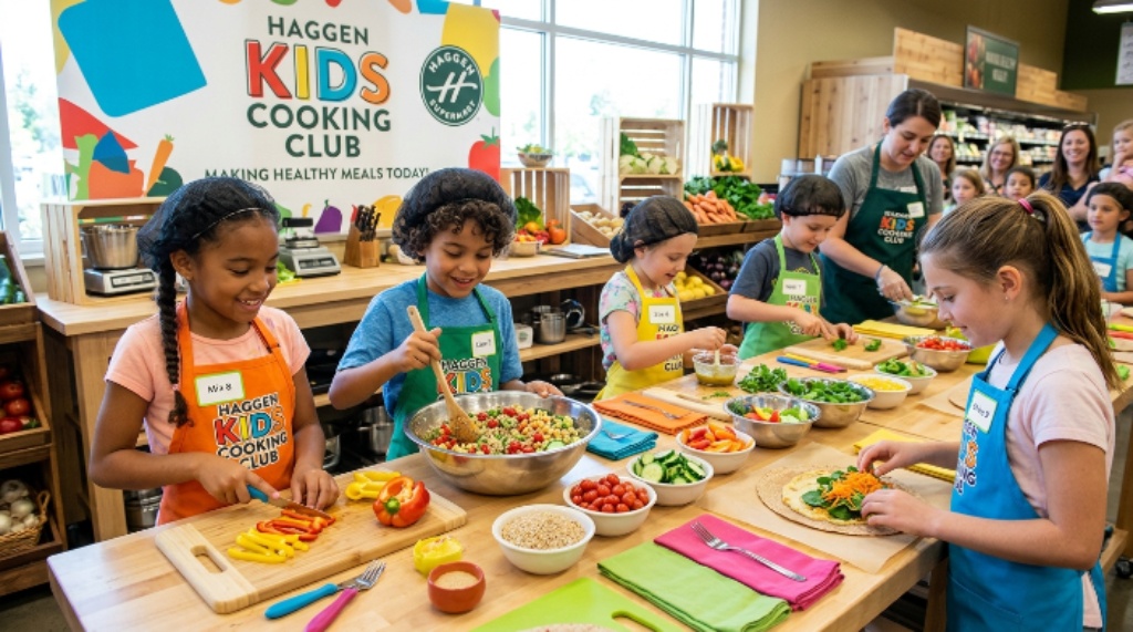 Children wearing aprons preparing healthy meals during a Haggen Kids Cooking Club activity