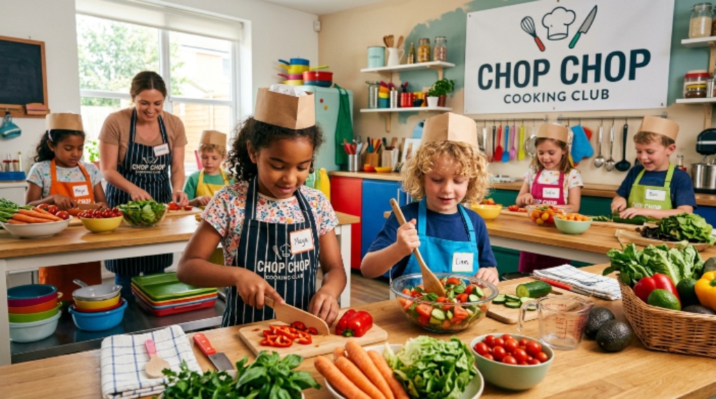 Kids learning basic cooking skills with fresh ingredients in Chop Chop Cooking Club