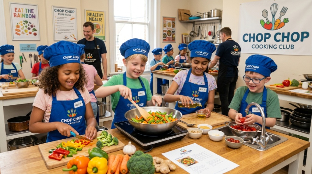 Children preparing a healthy meal together during a Chop Chop Cooking Club session