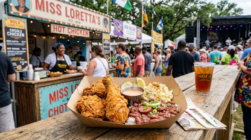 Fried chicken plate served at a New Orleans food festival booth
