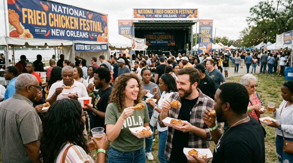 Crowd enjoying fried chicken at the National Fried Chicken Festival in New Orleans