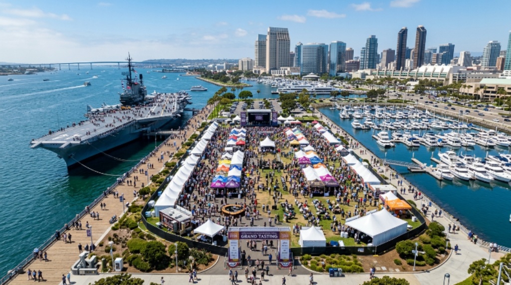 Aerial view of the San Diego Embarcadero waterfront during the 2026 Food and Wine Festival Grand Tasting event