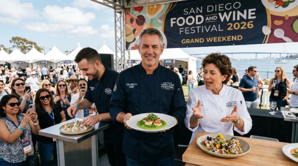Celebrity chefs presenting dishes at the San Diego Food and Wine Festival 2026 Grand Weekend