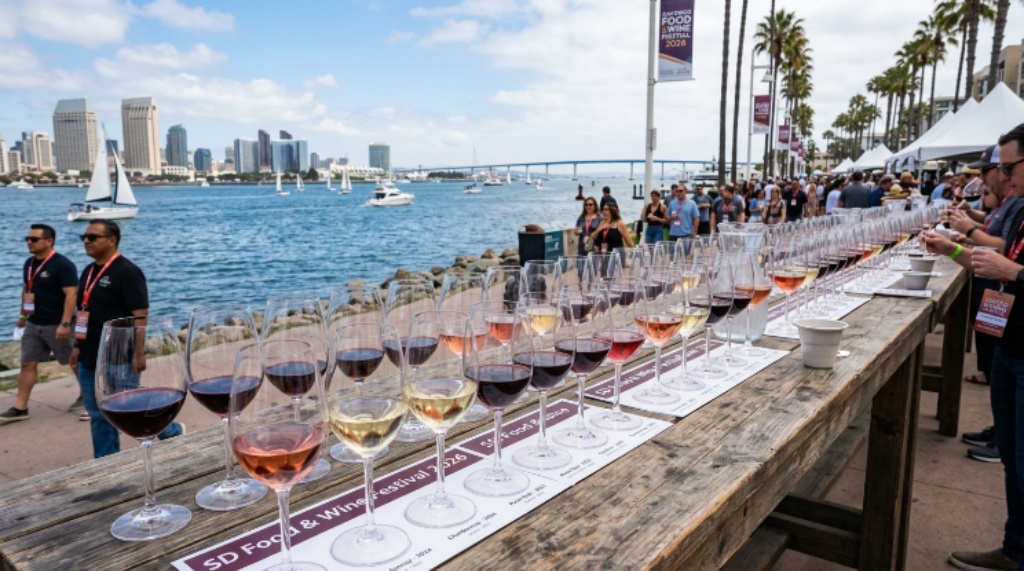 Wine tasting glasses lined up along San Diego Bay at the 2026 San Diego Food and Wine Festival